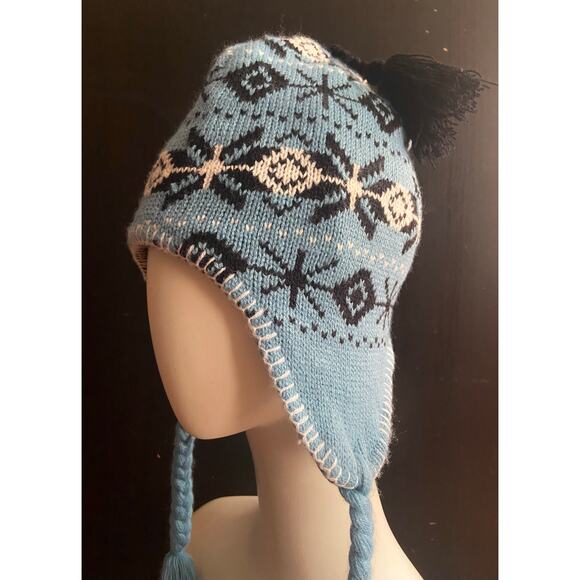 Blue/Black/White Fleece Lined Winter Beanie w/Tassels sz OS (Unisex) - Picture 2 of 7